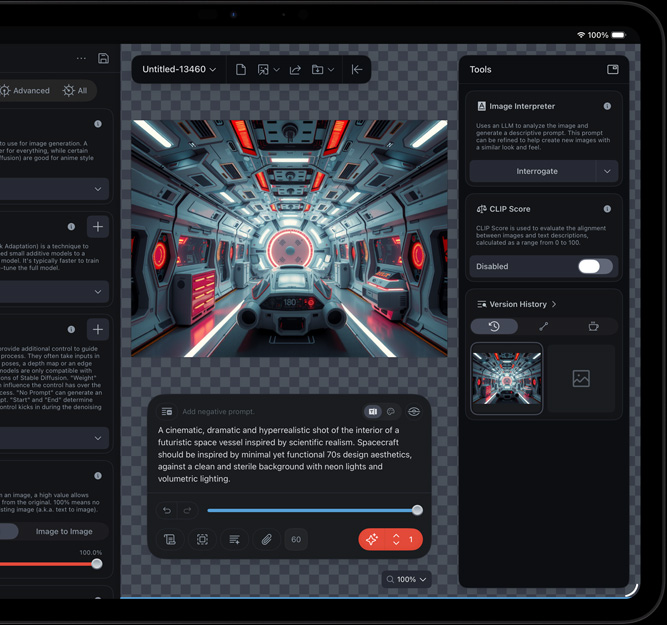 iPad Pro, front exterior, display showing a clip of a futuristic space vessel being edited with various editing tools and AI functions open including Image Interpreter and CLIP Score