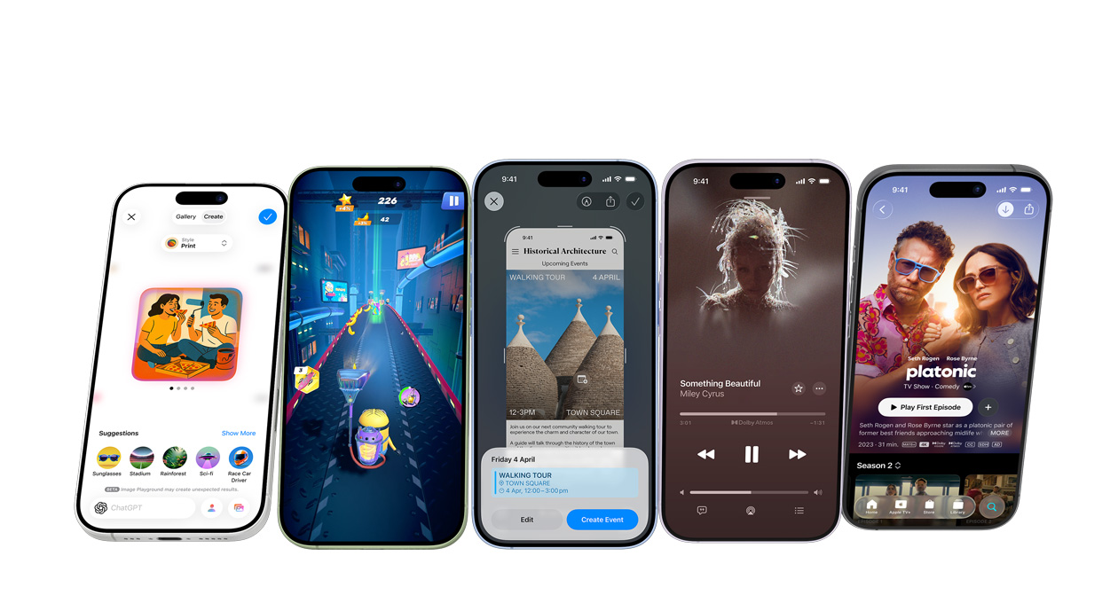 iPhone 17 devices in different colours, screens showing various apps