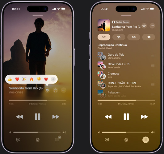 O iPhone à esquerda mostra a música “Senhorita from Rio” de Illusionize e Brave Culture tocando na tela do iPhone com opções de reação de emojis, incluindo polegar para cima, coração, comemoração, polegar para baixo ou outra reação. O iPhone à direita mostra uma playlist colaborativa chamada Hawaii Playlist com várias músicas adicionadas por diferentes pessoas