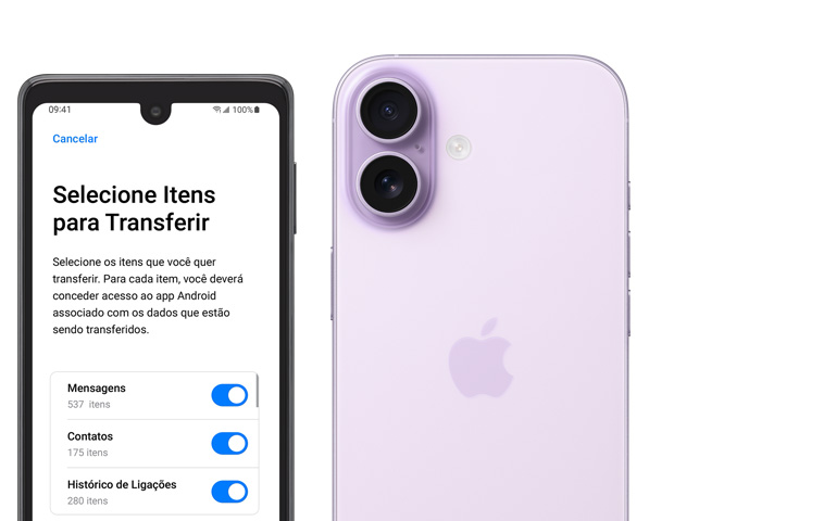 Imagem lado a lado da tela do Android com o app Migrar para iOS e do iPhone 17 mostrando a parte de trás e o sistema avançado de câmera dupla no canto superior esquerdo.