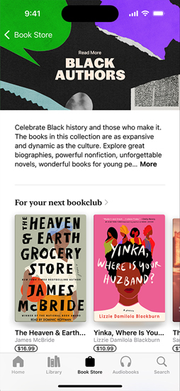 iPhone screen showing the Read More Black Authors section in the Books app, which includes an introduction about published Black authors. Below is the New and Coming Soon section, featuring two audiobooks