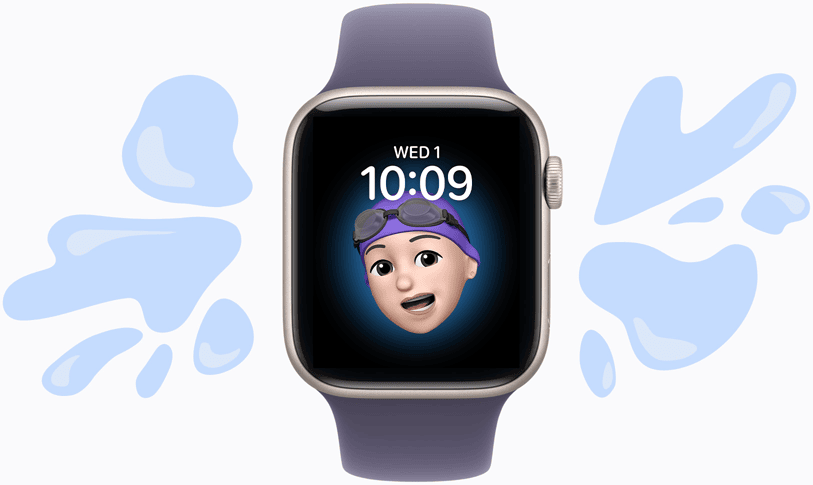 Apple Watch SE 3, aluminum case, startlight colour, Memoji watch face, illustrated water splashes off water-resistance device, purple fog Sport Band