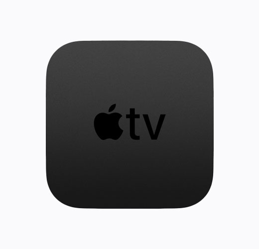 Apple TV 4K, black colour, top exterior, glossy black Apple TV logo