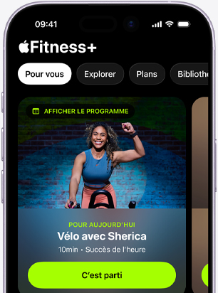 iPhone affichant un entraînement à vélo recommandé dans l’onglet Pour vous de l’app Apple Fitness+