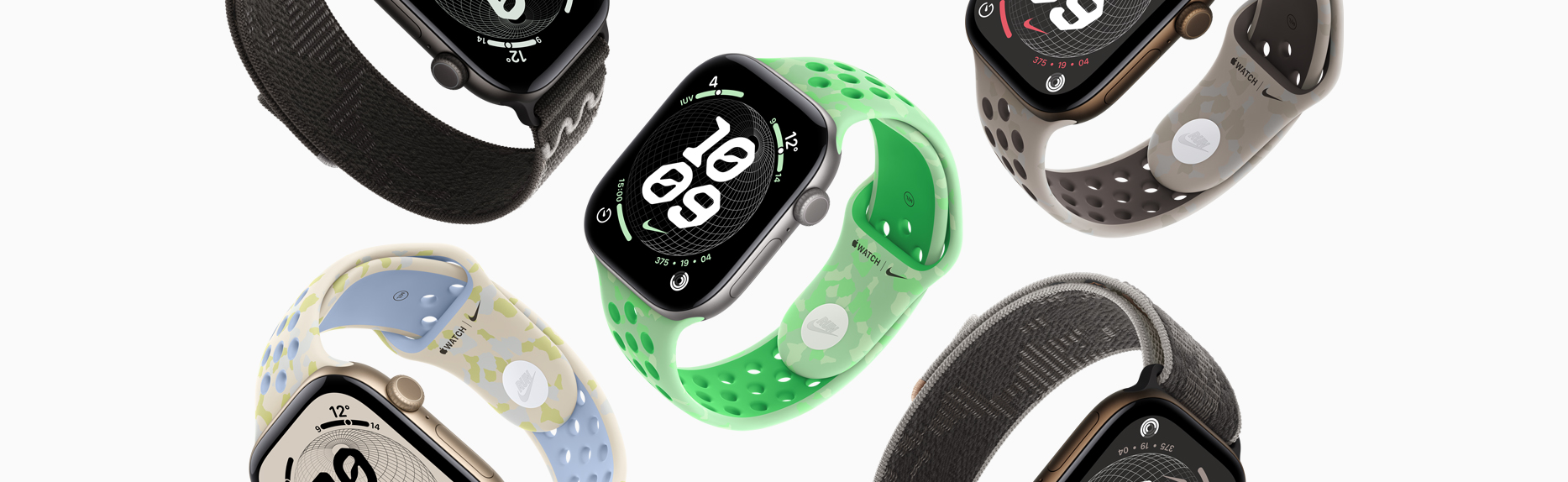 Plusieurs Apple Watch, une variété de bracelets Nike et de cadrans Nike