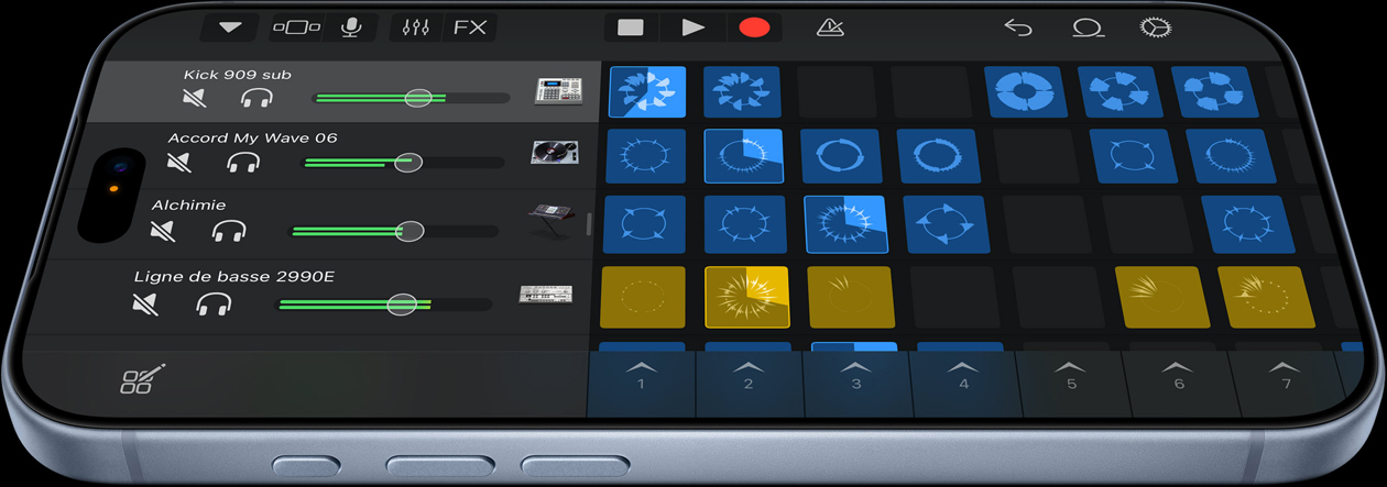 Un iPhone 18 Pro de couleur glacier affichant l’interface de l’app de production musicale Logic Pro