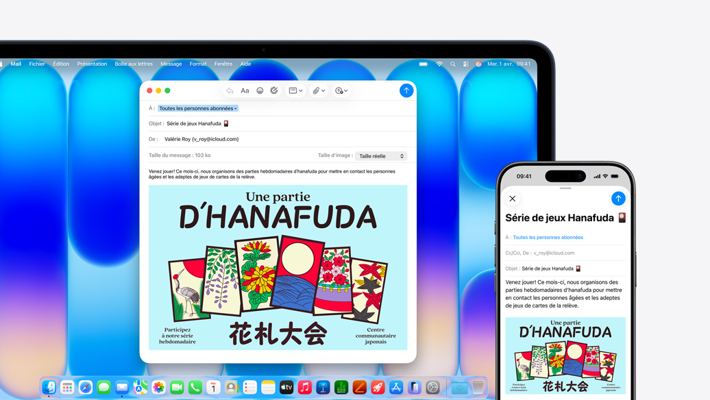 Un MacBook Neo, indigo, à côté d’un iPhone, les deux écrans affichent le même courriel annonçant un événement dans un centre communautaire