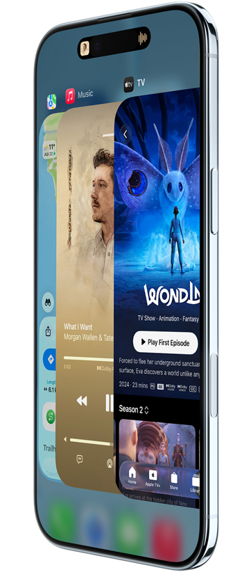 iPhone Air, front exterior, side exterior, with Maps, Music and Apple TV apps, showcasing the App Switcher feature in use