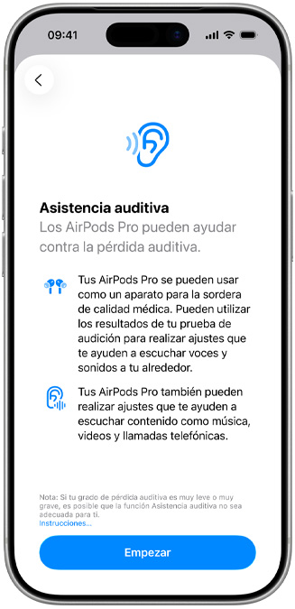La pantalla inicial de Asistencia Auditiva.
