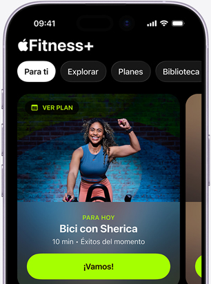 Pantalla de un iPhone con una recomendación de entrenamiento de Bici en la pestaña Para Ti de la app Fitness+