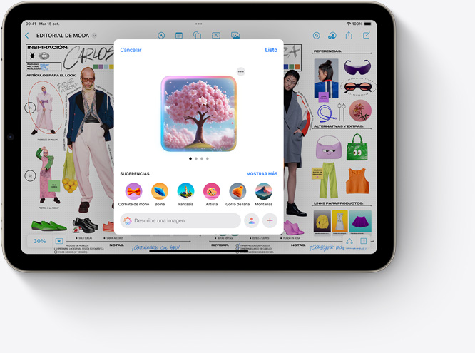 Un iPad mini muestra que se está usando Image Playground, una nueva funcionalidad de Apple Intelligence, en Freeform.