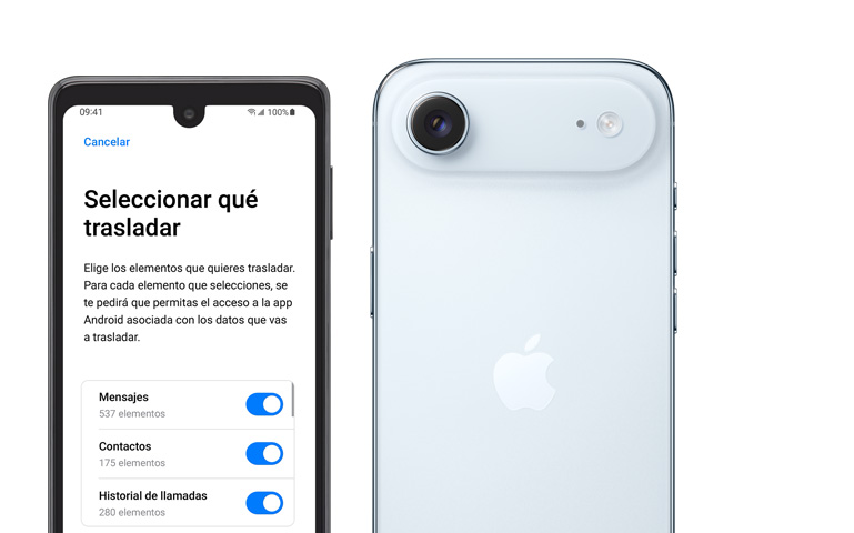 Un dispositivo al lado del otro, pantalla de un teléfono Android que muestra la app Trasladar a iOS, iPhone Air, parte trasera, sistema de cámara Fusion en el módulo en relieve, flash de la cámara