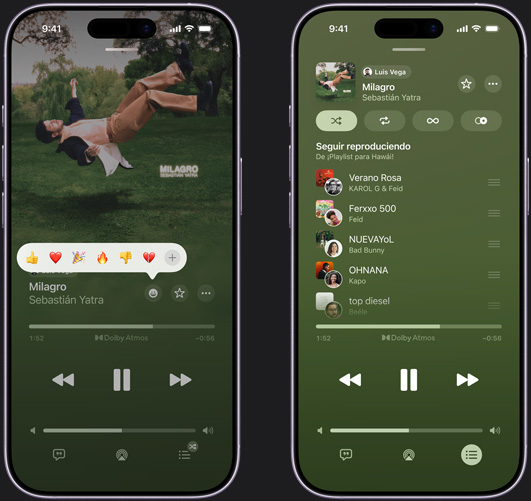 El iPhone a la izquierda muestra “Milagro” de Sebastián Yatra reproduciéndose en la pantalla del iPhone con opciones para reaccionar con emojis que incluyen pulgar hacia arriba, corazón, celebración, pulgar hacia abajo y un botón para elegir otras reacciones. El iPhone a la derecha muestra una playlist colaborativa llamada ¡Playlist para Hawái! con varias canciones agregadas por diferentes personas