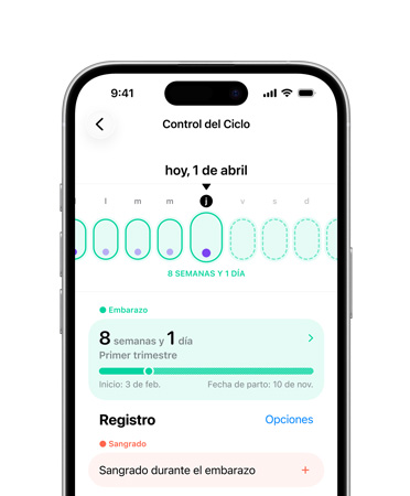 iPhone, Control del Ciclo en la app Salud configurada para llevar un registro de datos clave del embarazo