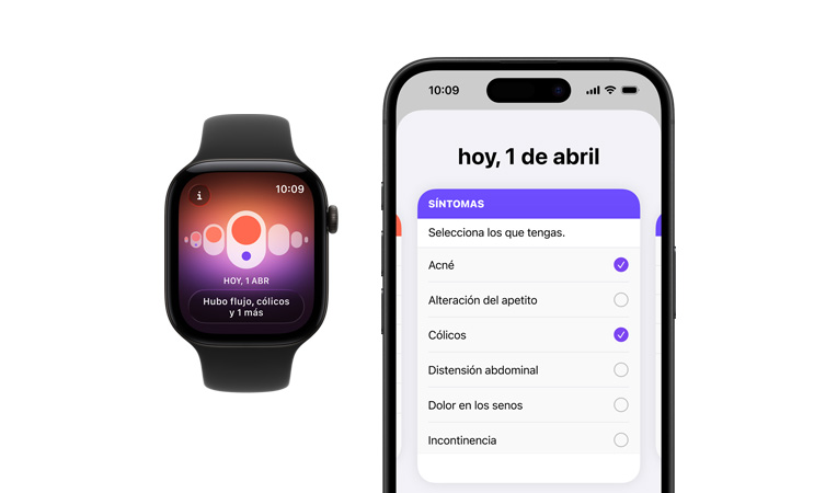 Apple Watch Series 12, caja de titanio, color natural, correa deportiva, color negro, app Control del Ciclo, selector de síntomas diarios abierto en un iPhone enlazado