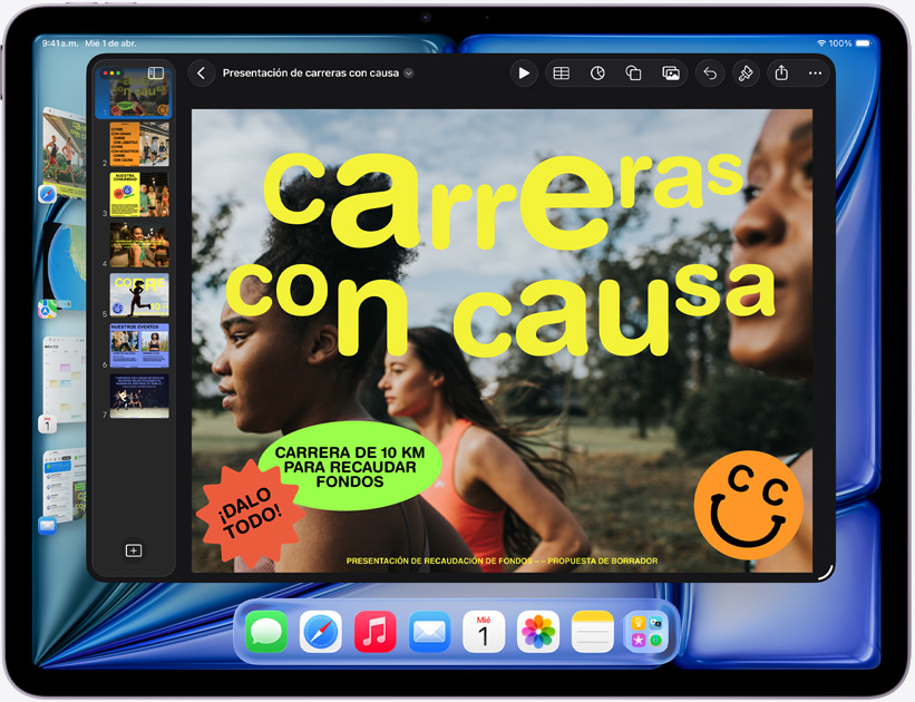 iPad Air, orientación en horizontal, la pantalla muestra una presentación de Keynote