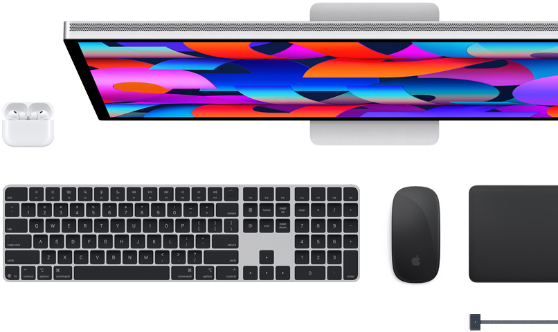 Doplňky k Macu: AirPody, Studio Display, Magic Keyboard, Magic Mouse, Magic Trackpad, MagSafe nabíjecí kabel