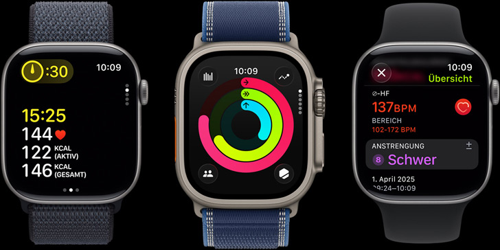 Drei Apple Watch Geräte mit Trainingsdaten, Aktivitätsringen und Einblicken nach dem Training auf den Displays