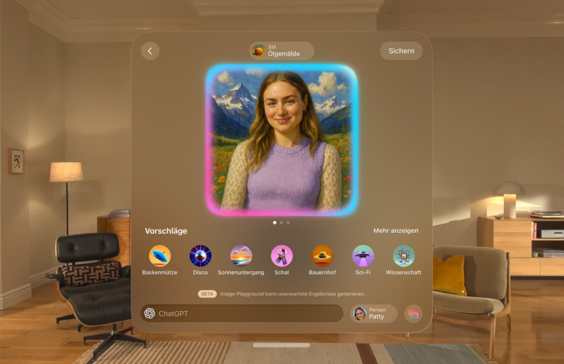 Image Playground Bildschirm auf der Apple Vision Pro schwebt im Raum mit einem Genmoji Gesicht