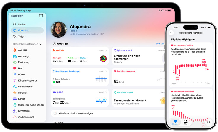 Health App auf einem iPad und iPhone, Health Übersicht und festgepinnte Favoriten auf einem iPad, komprimierte Herzfrequenz Highlights auf einem iPhone