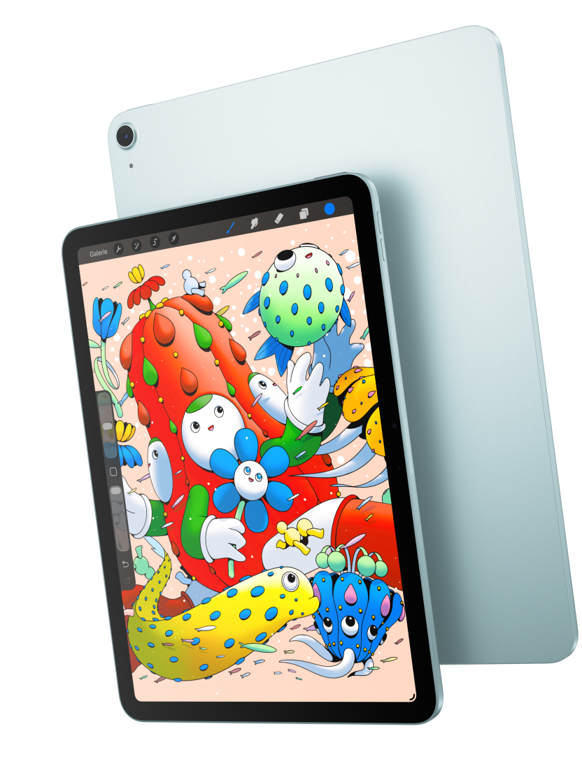 Vorderansicht eines iPad Air, die das 11" Modell mit der Procreate App zeigt, dahinter die Rückseite eines iPad Air in Blau