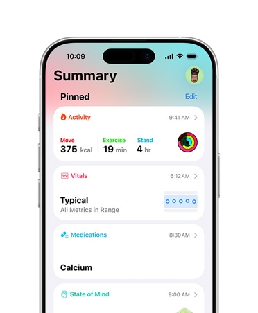 Pinned health summary on iPhone