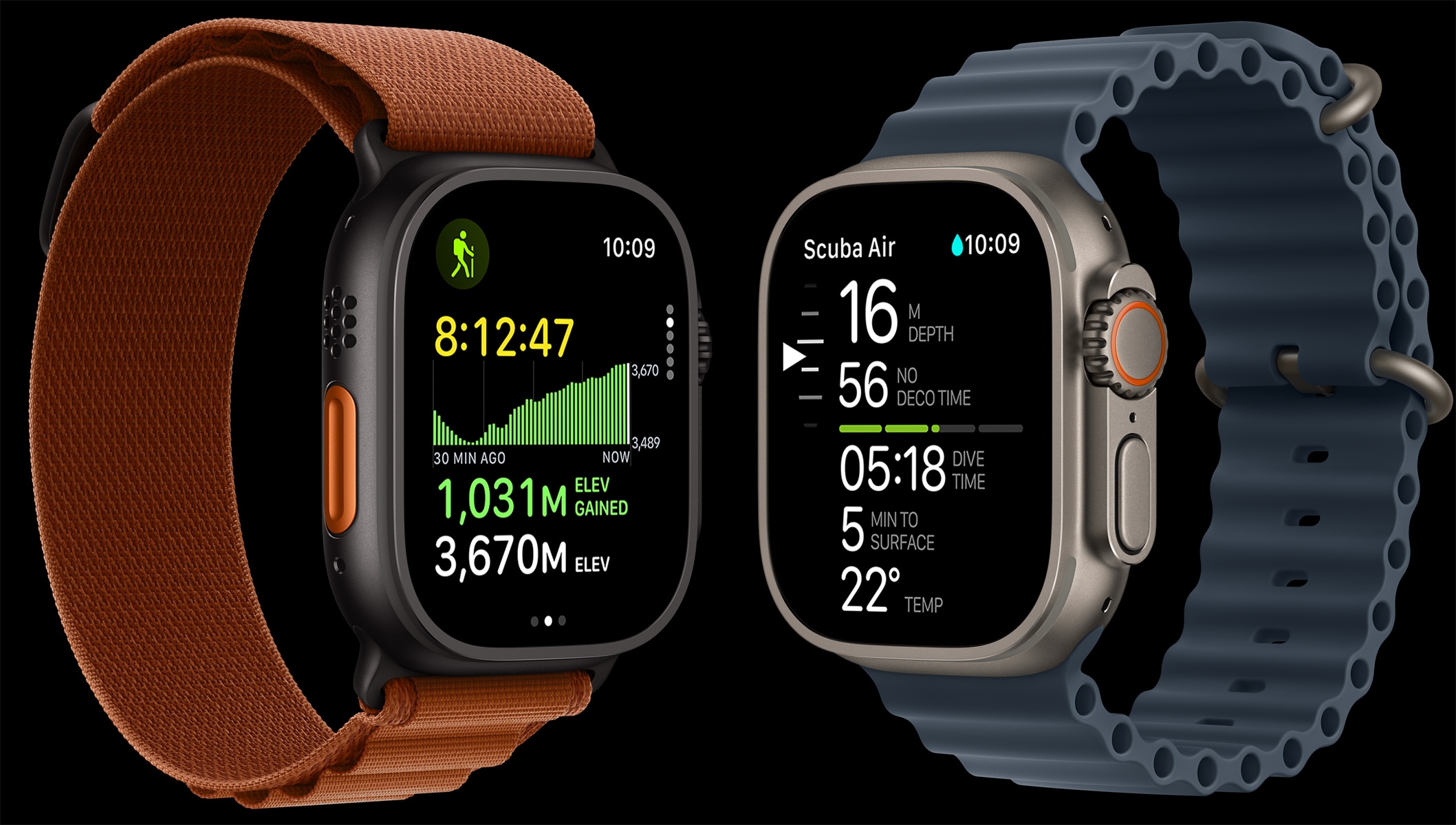Apple Watch Ultra 3 devices, titanium cases, black and natural colors, trail map, diving metrics, bands, Alpine Loop, terra cotta color, Ocean Band anchor blue color