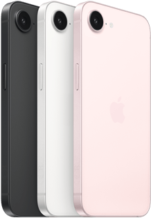 iPhone 17e, side and back exterior, black color, side and back exterior, white color, side and back exterior, soft pink color, Fusion camera at top, side button