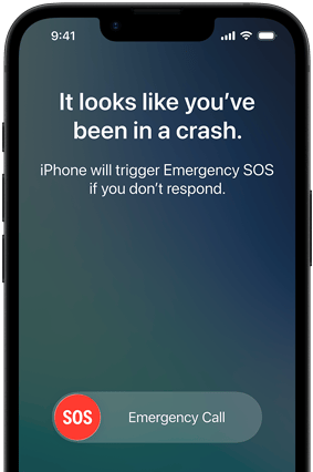 iPhone 17e, front exterior, Crash Detection feature in use