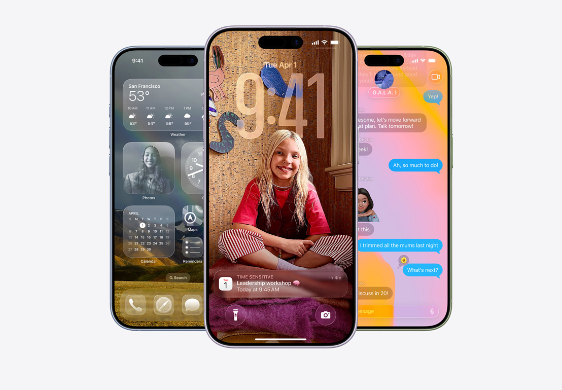iPhone 17 devices, front exterior, finishes: mist blue, lavender, sage, iOS 26 features - Home Screen with various apps displayed, Calendar pop-up on personalized Lock Screen, iPhone screen showing Messages with Liquid Glass design