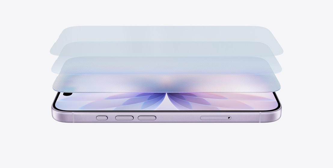 Lavendlivärvi viimistlusega iPhone 17 horisontaalses küliliasendis, kihilise disainiga tõstetakse esile Ceramic Shield 2
