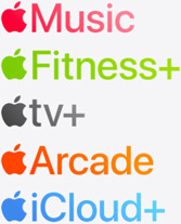 Icone delle app Apple Music, Apple Fitness Plus, Apple TV Plus, Apple Arcade e iCloud Plus