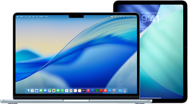 MacBook links, iPad rechts, schermen met een vergelijkbare blauwe en groene achtergrond.