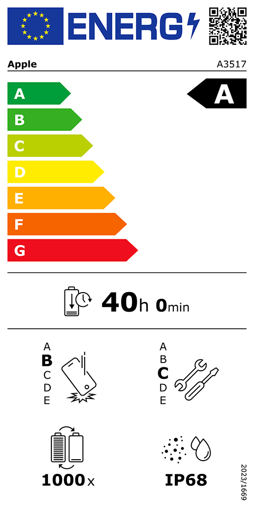 Étiquette énergie de l’UE, code QR et informations, modèle Apple A3517, classe A, classes d’efficacité énergétique (échelle allant de A à G), A (la plus élevée) à G (la plus basse), endurance de la batterie en cycles, 40 heures et 0 minute par charge complète de la batterie, résistance aux chutes libres répétées de classe B, A (plus résistante) à E (moins résistante), réparabilité de classe C, A (plus réparable) à E (moins réparable), endurance de la batterie de 1 000 cycles, indice de protection IP68 pour la poussière et l’eau, règlement 2023/1669.