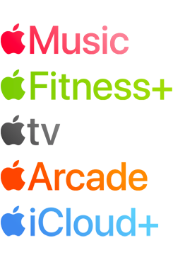 Logos verschiedener Apple Aboservices, darunter Apple Music, Fitness+, Apple TV+, Apple Arcade, iCloud+