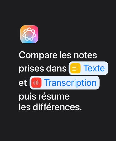 Icône d’Apple Intelligence et prompt : « Compare les notes prises dans Texte et Transcription, puis résume les différences »