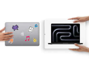 Eine Hand schiebt ein MacBook mit Aufklebern auf dem Cover in Richtung zweier Hände, die ein neues MacBook in seiner Verpackung halten