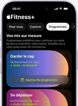 App Apple Fitness+ sur un iPhone affichant l’onglet Programmes avec des programmes personnalisés : Gardez le cap et Se dépasser