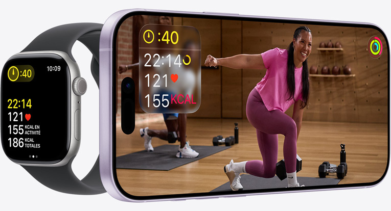 App Apple Fitness+ sur un iPhone affichant un exercice avec des données d’entraînement synchronisées sur une Apple Watch