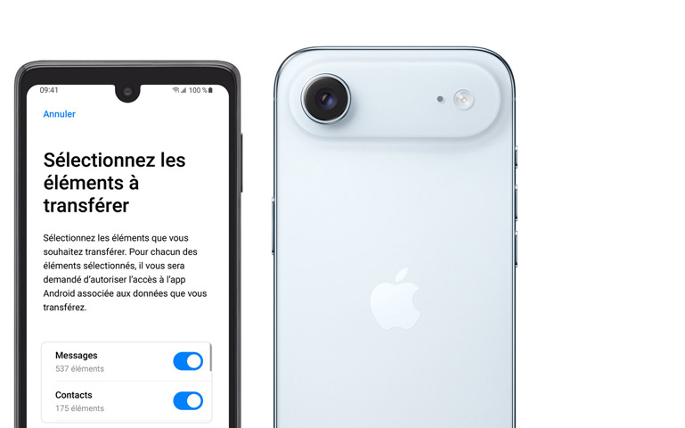 Side-by-side, Android screen showing Move to iOS App, iPhone Air, back exterior, Fusion camera system in raised plateau, camera flash
