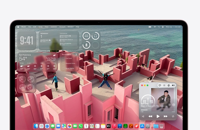 Οθόνη MacBook Neo προσαρμοσμένη με φόντο επιφάνειας εργασίας μια βεράντα σε παραθαλάσσια ταράτσα και διάφορα widget όπως Μουσική, Ημερολόγιο, Καιρός και Υπενθυμίσεις
