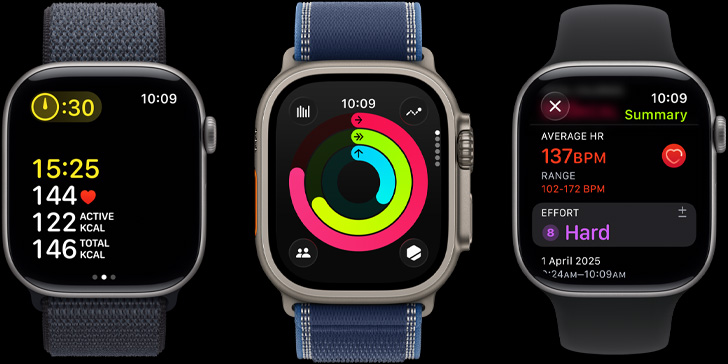 三款 Apple Watch 裝置，螢幕分別顯示體能訓練指標、活動記錄圓圈，以及體能訓練結束後的分析資料