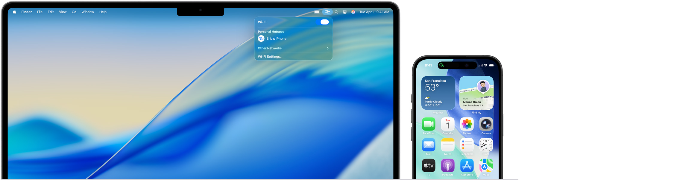 14-inch MacBook Pro, Control Center in menu bar open, Personal Hotspot connection reads: Eric’s iPhone, iPhone 16 with green Personal Hotspot indicator in top left of screen