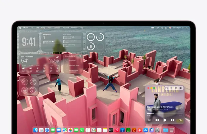 MacBook&nbsp;Neo 螢幕，顯示自訂的海濱屋頂露台背景圖片，以及音樂、日曆、天氣和提醒事項等小工具