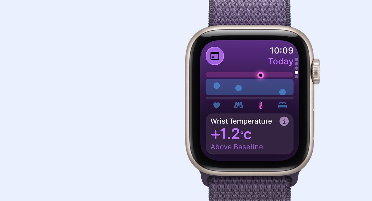 Apple Watch SE 3, aluminijsko kućište zvjezdano bijele boje, pokazatelji temperature zapešća, Digital Crown s desne strane, sportska narukvica boje ljubičaste magle