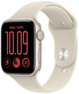 Apple Watch SE 3, casing aluminium, warna putih pucat metalik, eksterior sisi kanan, tombol Digital Crown, mikrofon, tombol samping, terhubung ke Tali Jam Sport Band, warna krem pasir (cokelat muda pucat), pengait pasang dan selipkan (pin perak)
