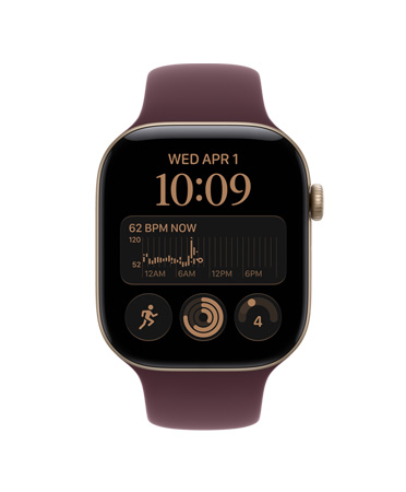 Apple Watch Series 12, screen shows heart rate app, health and fitness icons, aluminum case, light gold color, connected to Sport Band, burgundy color