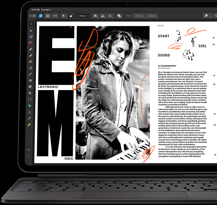 iPad Pro, front exterior, landscape orientation, space black color, attached to Magic Keyboard, open, front exterior, landscape orientation, black color, iPad Pro display showing an article being edited