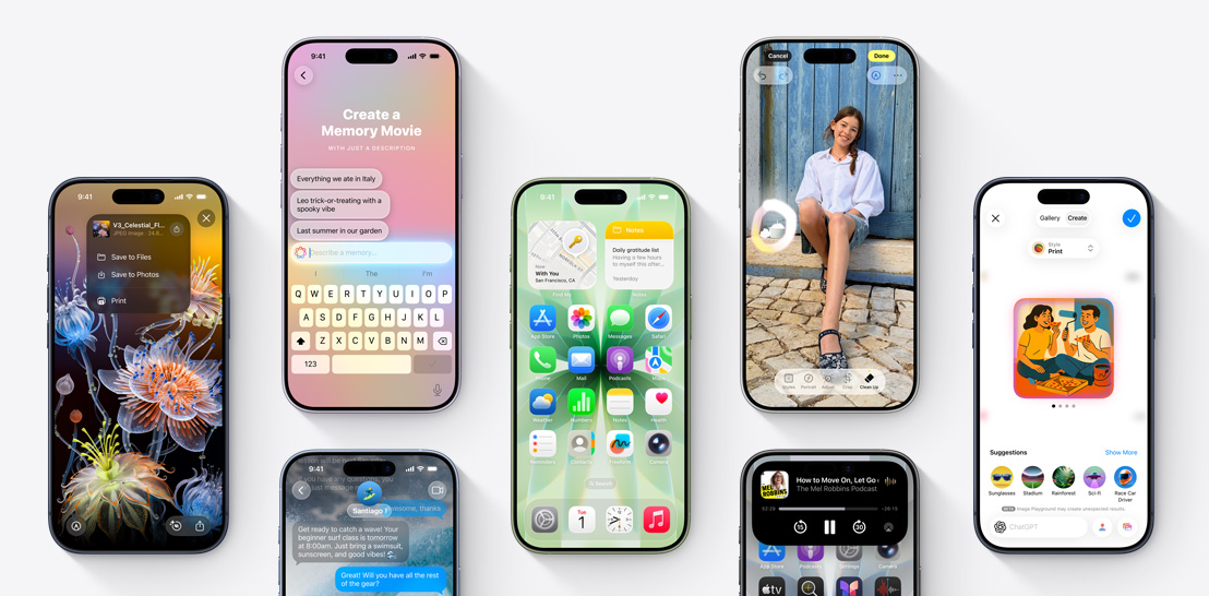 Four iPhone 18 Pro models, close-up front exteriors, each displaying various iOS features. From left to right, iPhone 18 Pro, screen displaying a team debrief being scheduled by Siri AI, iPhone 18 Pro, screen displaying the Siri App, grid of cards representing past interactions, featuring topics like “Healthy 30 Minute Recipes,” “Mexico City Largest Park” with an accompanying image, and “Social Media Launch Email”, iPhone 18 Pro, screen displays an active phone call with “Passenger Airways” with a Call Context card on the bottom of the screen with relevant flight confirmation details, including the booking code, route from JFK to RAK, and flight times, with a note indicating the information was “Found in Mail”, iPhone 18 Pro, screen displays a conversation with Siri AI, asking about the color of a tablecloth.