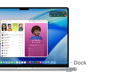 Tur navigasi macOS di MacBook Pro 14" dengan garis yang menunjukkan lokasi Dock.